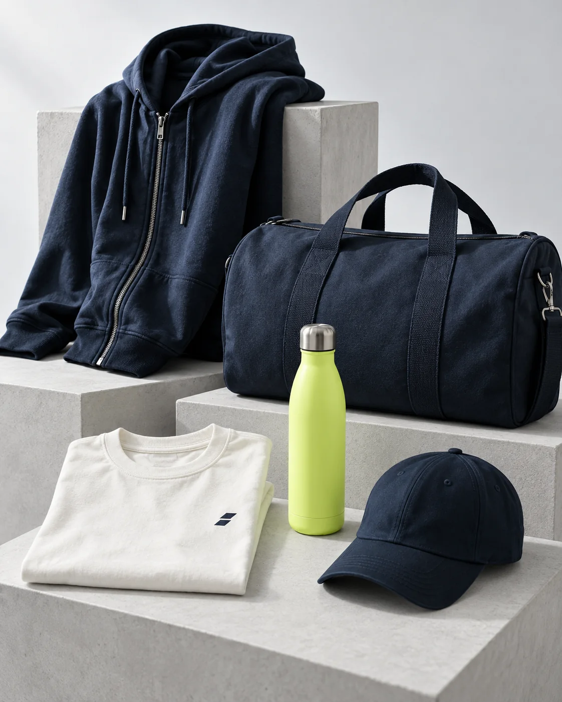 Felpa, T-shirt e borsone, esempio di linea sportiva coordinata